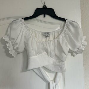 White crop top with ruffle sleeve and tie back